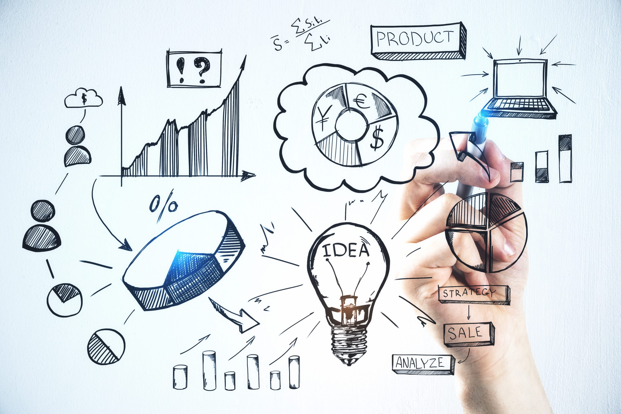 Hand drawing creative business sketch on concrete wall background. Finance, idea, targeting and success concept.